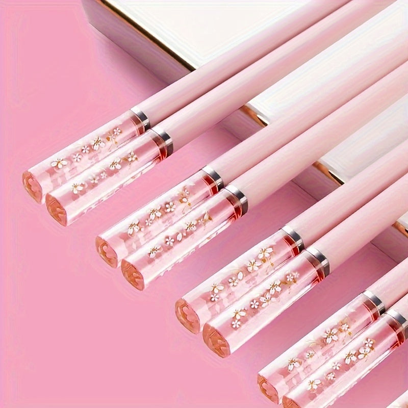 Five pairs of pink alloy chopsticks with cherry amber, perfect for home dining in Chinese and Korean style, ideal for fast food, noodles, sushi sticks, and ramen.