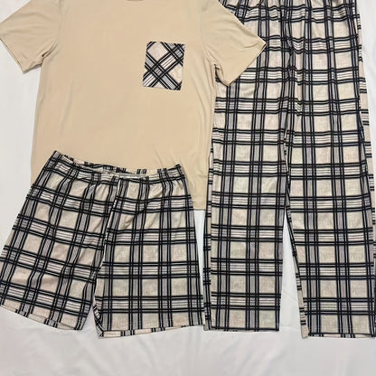 3-piece Plaid Pajama Set, short sleeve crew neck top with pocket, 100% knit polyester, all-season comfort, regular fit bottoms, medium stretch, no belt, 180gsm.