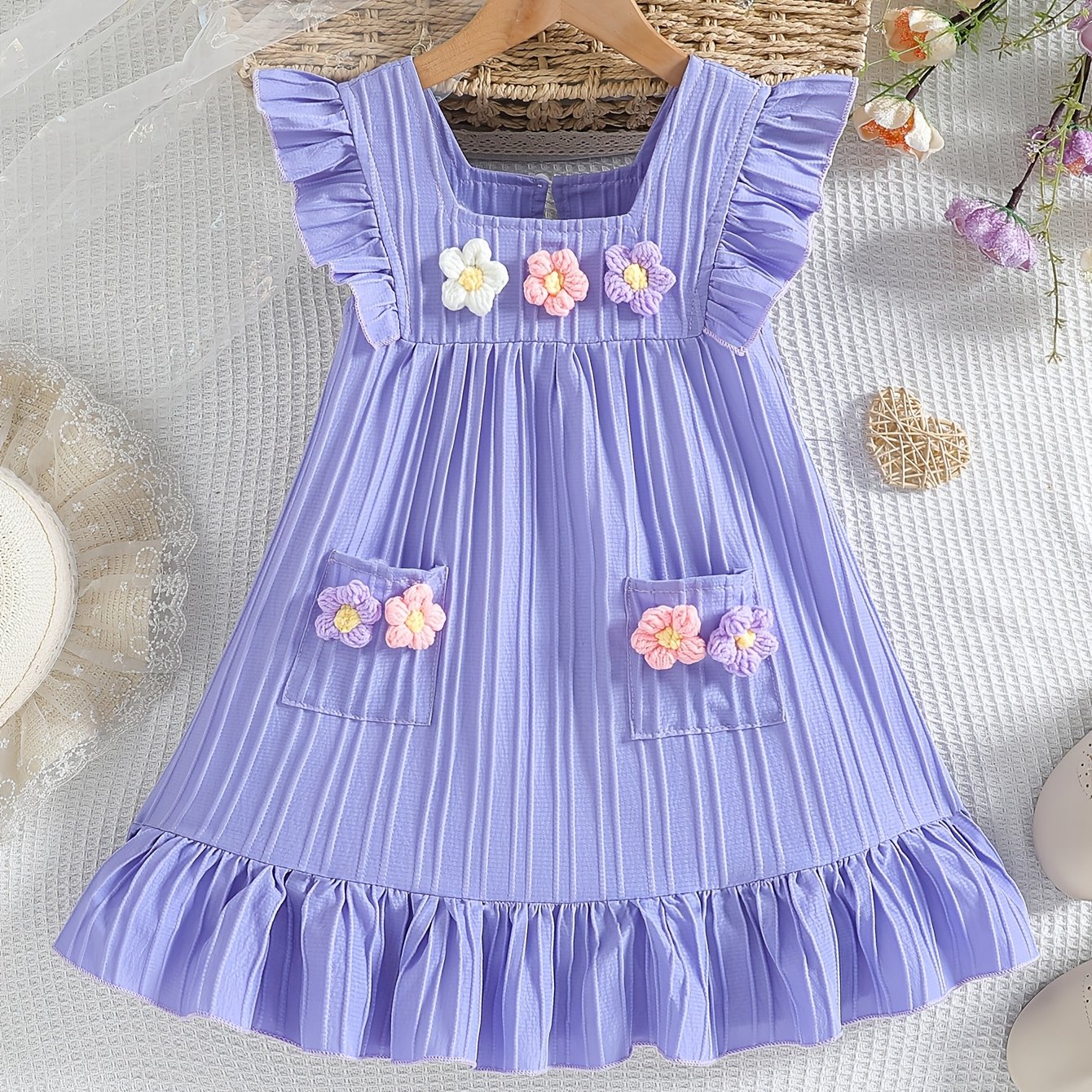 Girly light blue dress with 3D floral adornments - casual polyester, ruffle sleeves, knee-length perfect for summer