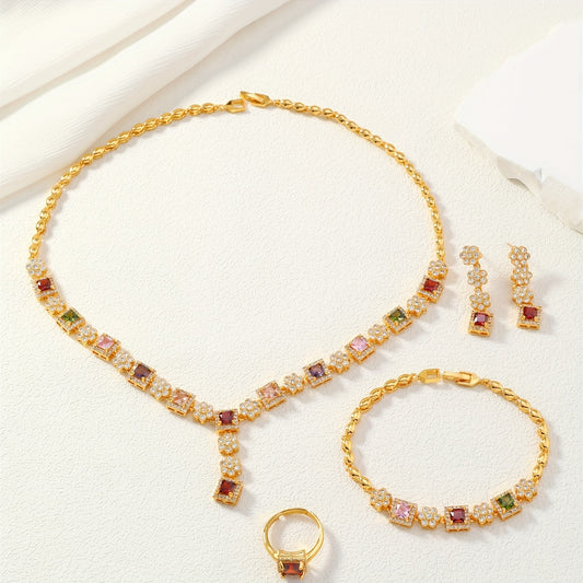 Vintage Luxury Jewelry Set with Multicolor Cubic Zirconia, 24K Gold Plated - Includes Necklace, Earrings, Ring - Perfect for Women on Special Occasions - Great Valentine's Day Gift - Suitable for Any Season