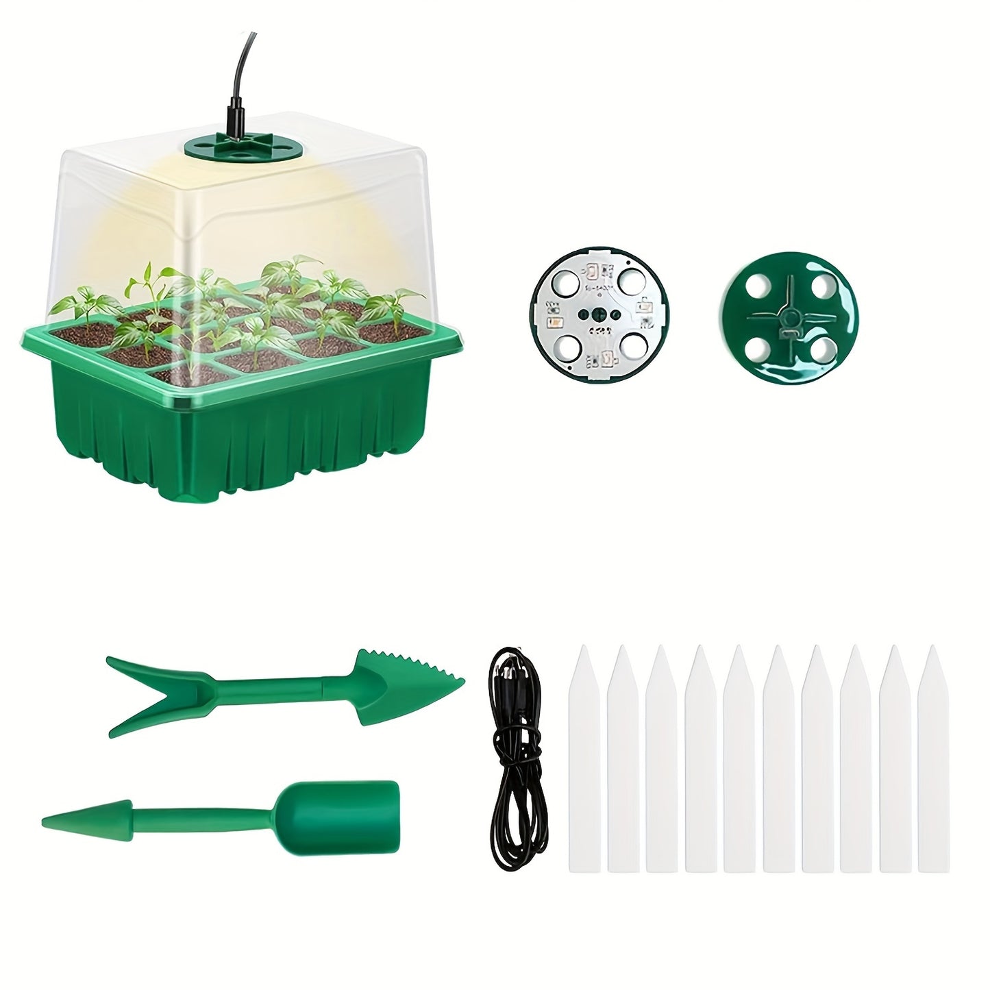 Seed starter trays with grow lights are available in packs of 1, 2, 4, or 5 and include humidity domes and bases for indoor greenhouse seed growth, with each tray containing 12 cells.