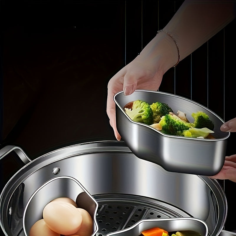 Set of 3 Stainless Steel Fan-Shaped Steamers with Tray, Grid, and Bowls for Healthy Cooking. Includes Rice Cooker Separator and Multi-Functional Tray for Home Kitchen, Outdoor Camping, and Hiking. Versatile Cookware.