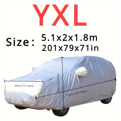 Car cover with UV and dust protection, suitable for cars, pickups, SUVs, and hatchbacks. Features reflective strip for added protection. Suitable for outdoor use.