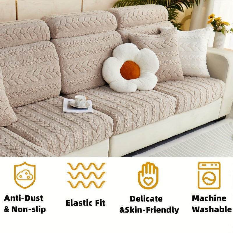 Wheat Sheaf Pattern Plush Sofa Cover, Cat Scratch Resistant, Elastic Fit for 1-4 Seater Sofas, Non-Slip, Machine Washable, Ideal for Multiple Rooms