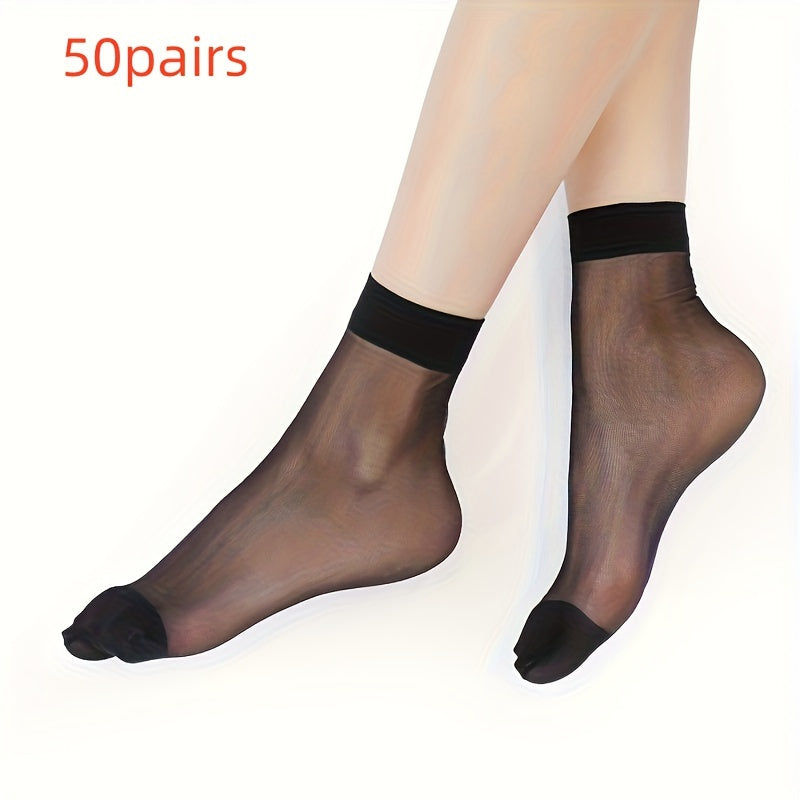 50 pairs of transparent ultrathin summer socks for women made of nylon, with short ankle length and elastic band. These socks are perfect for spring and summer wear.