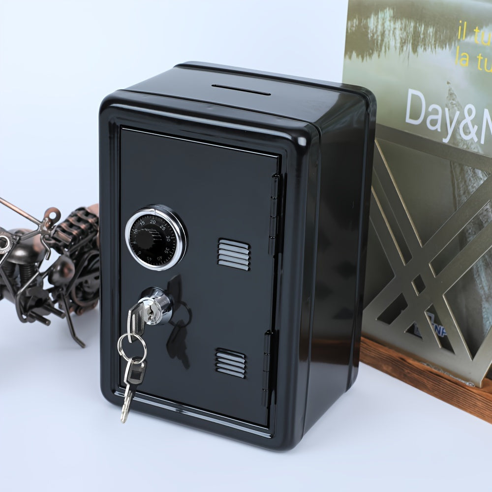 Mini safe bank with combination lock and key for storing money, jewelry, and documents at home. Dimensions: 17.78cm x 11.94cm x 9.91cm, black.