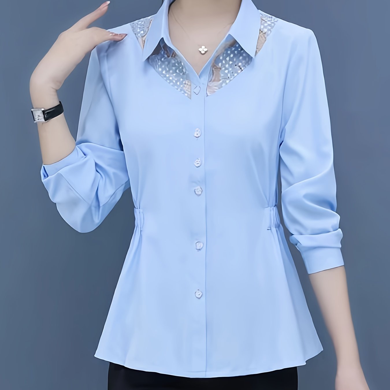 Elegant slim-fit lace stitching button front shirt for office & work.