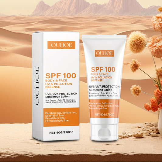 SPF 100 sunscreen lotion for body and face with hydrating hyaluronic acid and vitamin E. Water-resistant, non-greasy formula for UV and pollution defense. 50g/1.76oz.