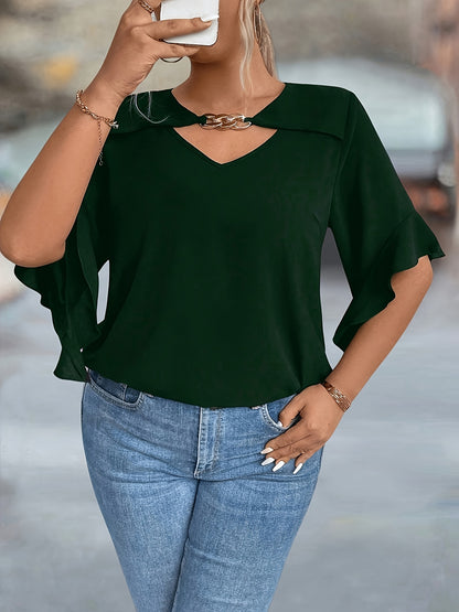 Stylish black V-neck tops for plus-size women in new summer collection.