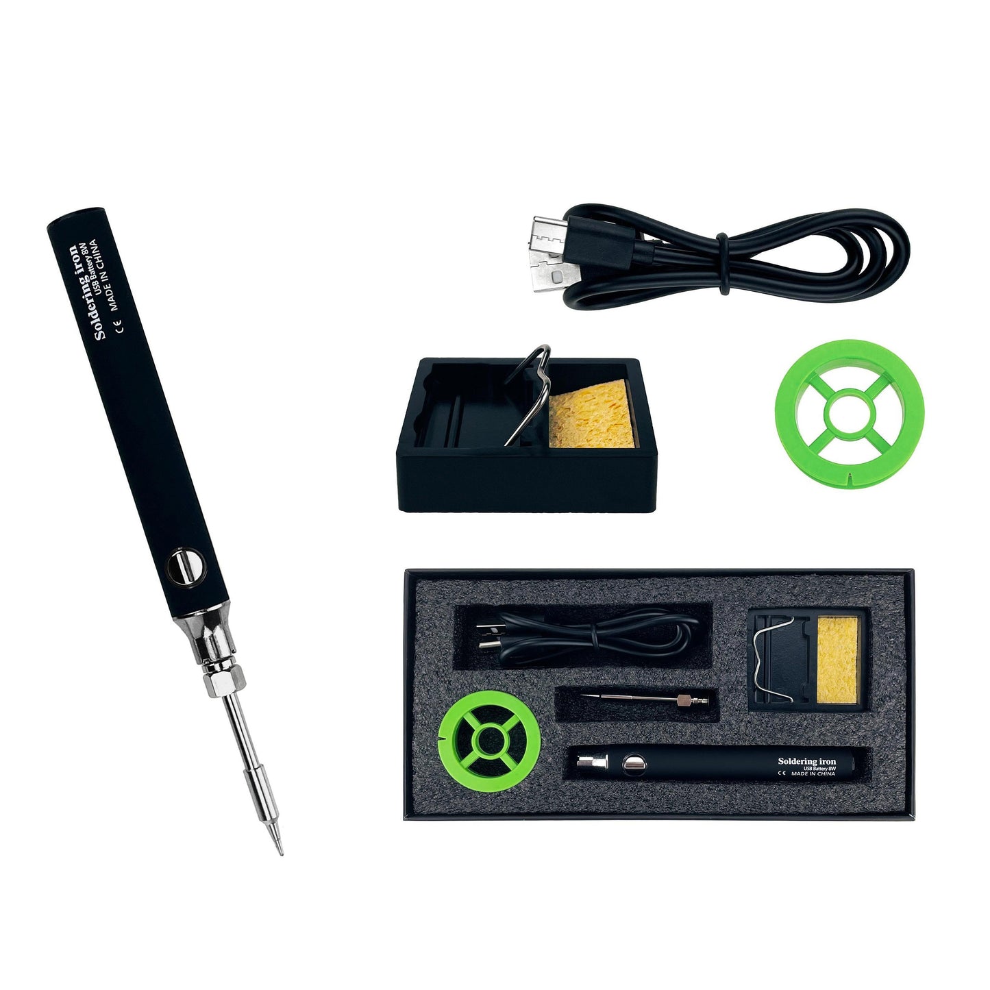 USB rechargeable soldering iron set with high heating rate and easy operation, suitable for DIY repairs at home or outdoors with nichrome heating element.