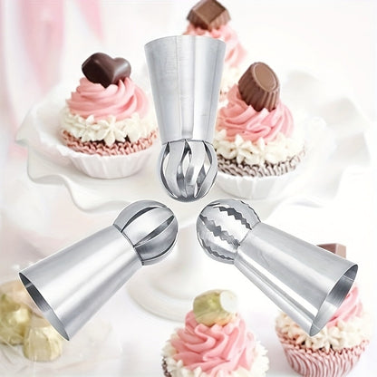 Set of 3 Russian Piping Tips made of durable stainless steel. Perfect for creating intricate designs on cupcakes and cakes, as well as for making puffs. A must-have baking tool and kitchen gadget for any home chef.