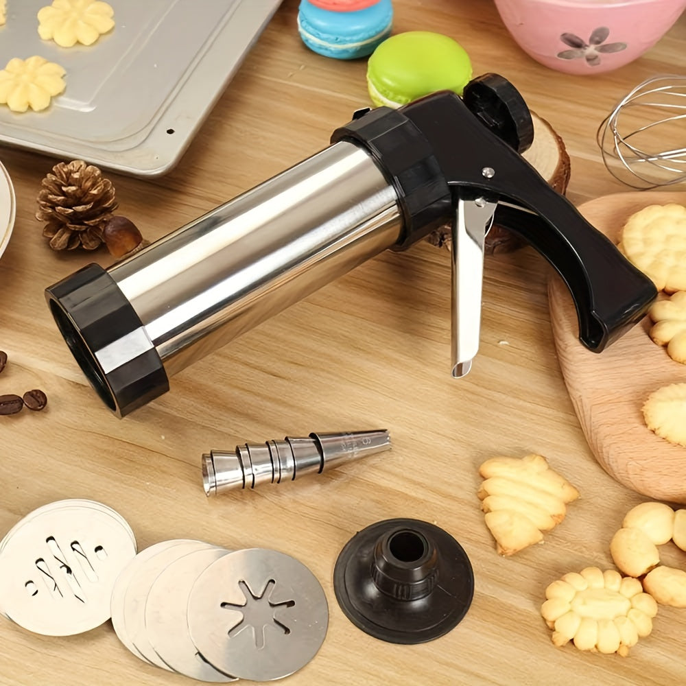 22-piece stainless steel cookie press kit includes 13 disc shapes and 8 icing tips for manual biscuit making and decorating. This non-electric dough extruder and cake decorator is perfect for home baking tools.