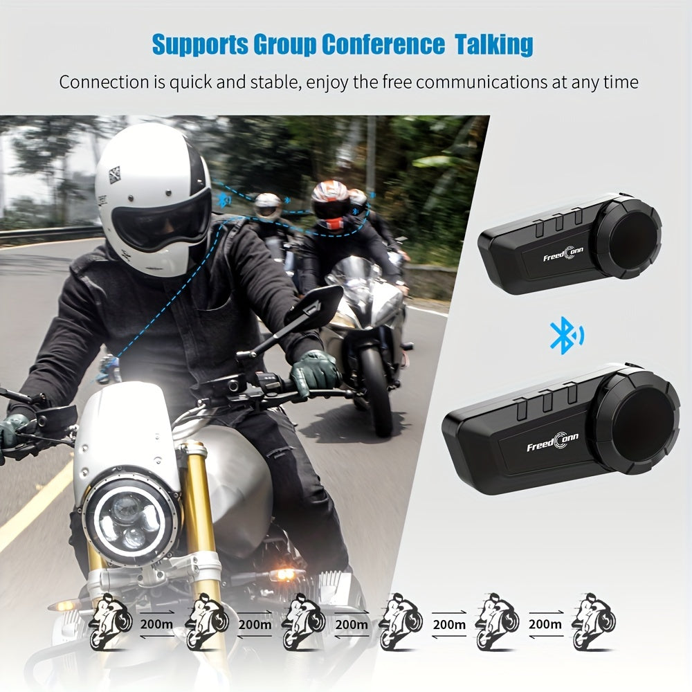 Freedconn KY Pro Motorcycle Intercom Helmet Headset for 6 riders with noise control, voice command, and walkie-talkie compatibility. Comes with USB charging cable.