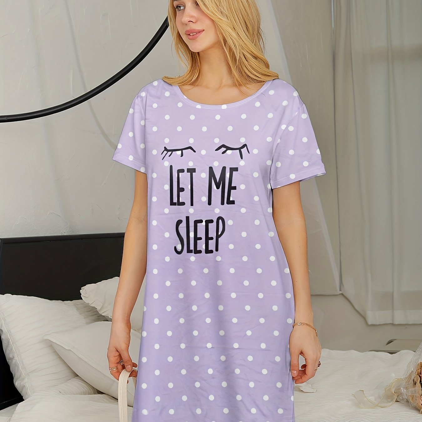 2023 Pink Polka Dot Women's Nightgown - Short Sleeve, Round Neck, Soft Polyester & Elastane Blend, Machine Washable Summer Sleep Dress