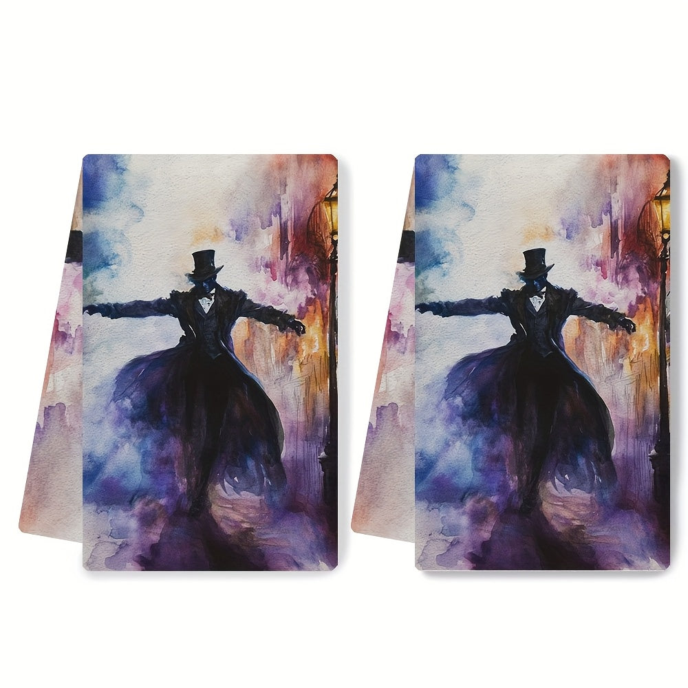 Two pieces of ultra soft kitchen towels with a Phantom of the Opera theme. These highly absorbent and machine washable dish hand towels feature a vibrant musical theatre design. Measuring 40.64x60.96 cm, they are perfect for holiday decor and are great