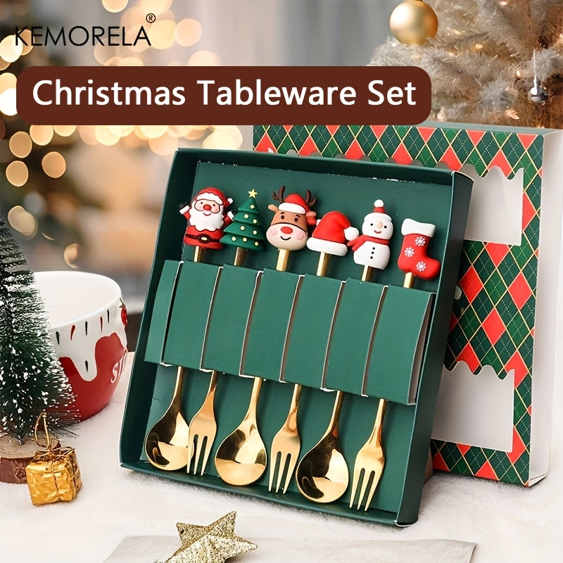 KEMORELA 4/6pcs Stainless Steel Mini Fork and Spoon Set with Q Version Cartoon Design for Christmas and Halloween festivities. Perfect holiday gift.