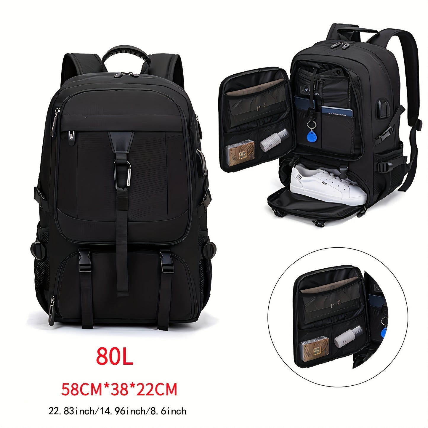 50-80L Travel backpack with shoe compartment, laptop sleeve, and expandable capacity, suitable for sports, hiking, short business trips.