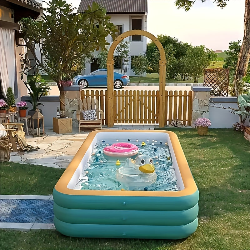 Large inflatable swimming pool for family use in outdoor areas, with multiple components for fun water parties.