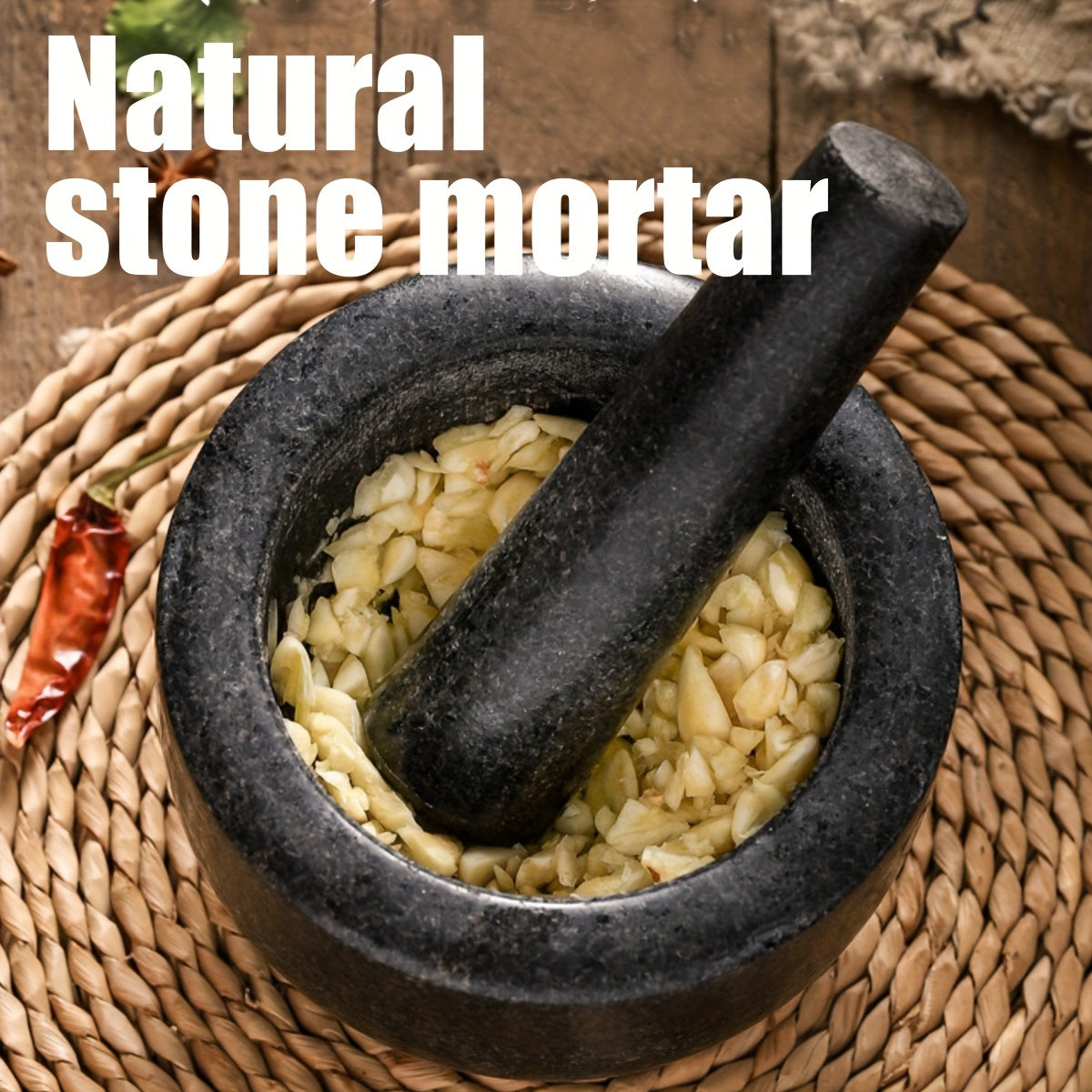 One piece of natural stone bowl designed for use in kitchens. This polished molcajete is perfect for grinding garlic, spices, and herbs. It can also be used as a traditional garlic crusher, grain and seed mill.