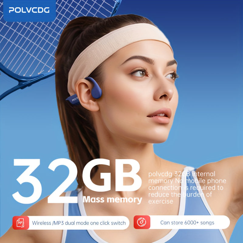 1pc POLVCDG X7 Wireless Bone Conduction Headphones with 10H playtime, 32GB memory, open-ear design, volume control, and compatibility with phones for swimming, running, cycling, and fitness.