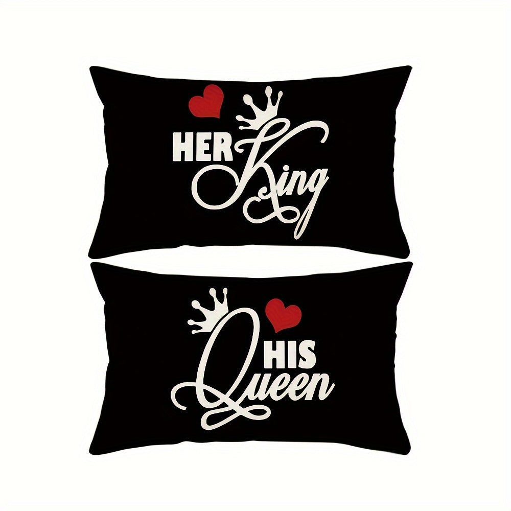 2pcs Lovers Theme Throw Pillow Covers featuring Hearts and Crowns print, 45.72cm x 45.72cm. Ideal gifts for wedding anniversary home decor. Suitable for porch, patio, couch, sofa, living room, or outdoor use. Pillow inserts not included.