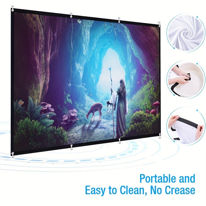 Two-sided projection screen with 4K resolution, available in various sizes for space-saving convenience. Easy to clean and can be ironed, suitable for bedrooms, living rooms, and large