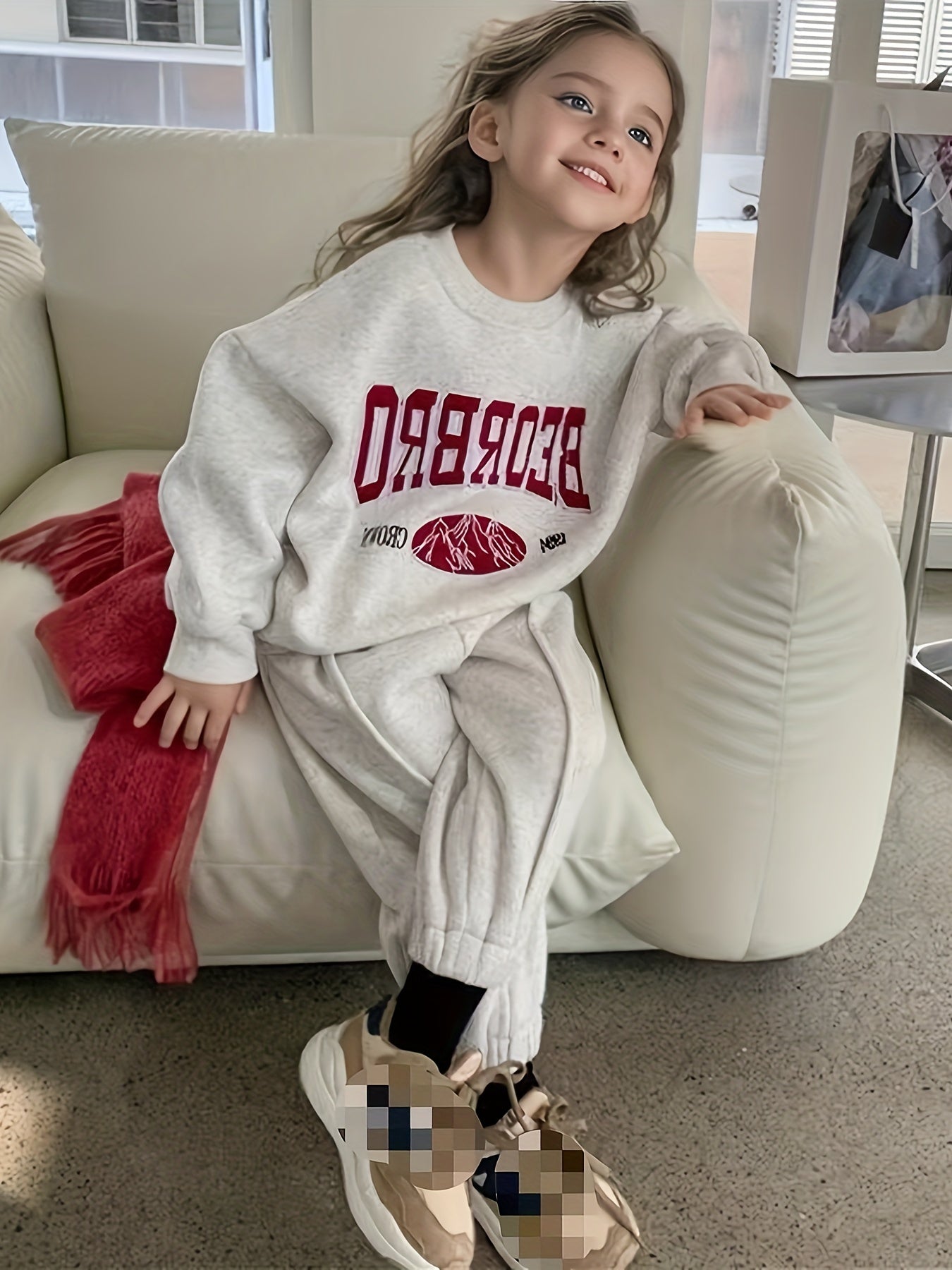 Cotton blend hoodie and jogger set for girls, featuring letter print, long sleeves, crew neck, and pockets. Ideal for spring and fall weather, great for outdoor activities.