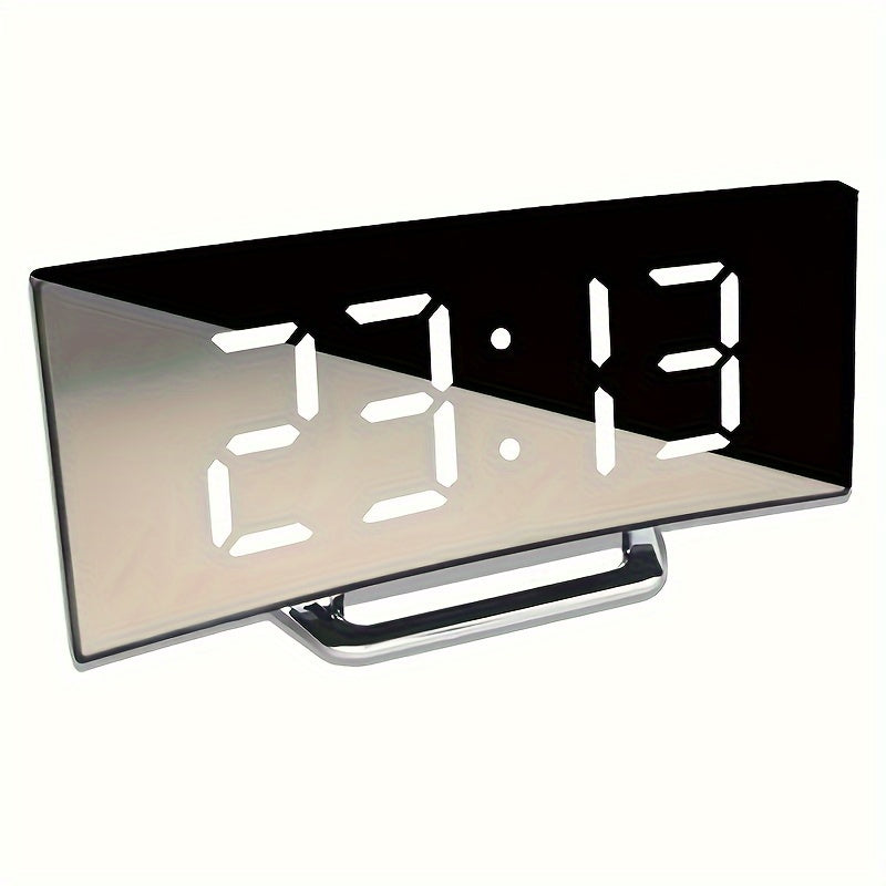 Curved LED Mirror Clock: Silent Alarm, Dimmable, USB/Battery Powered - Ideal Home Decor