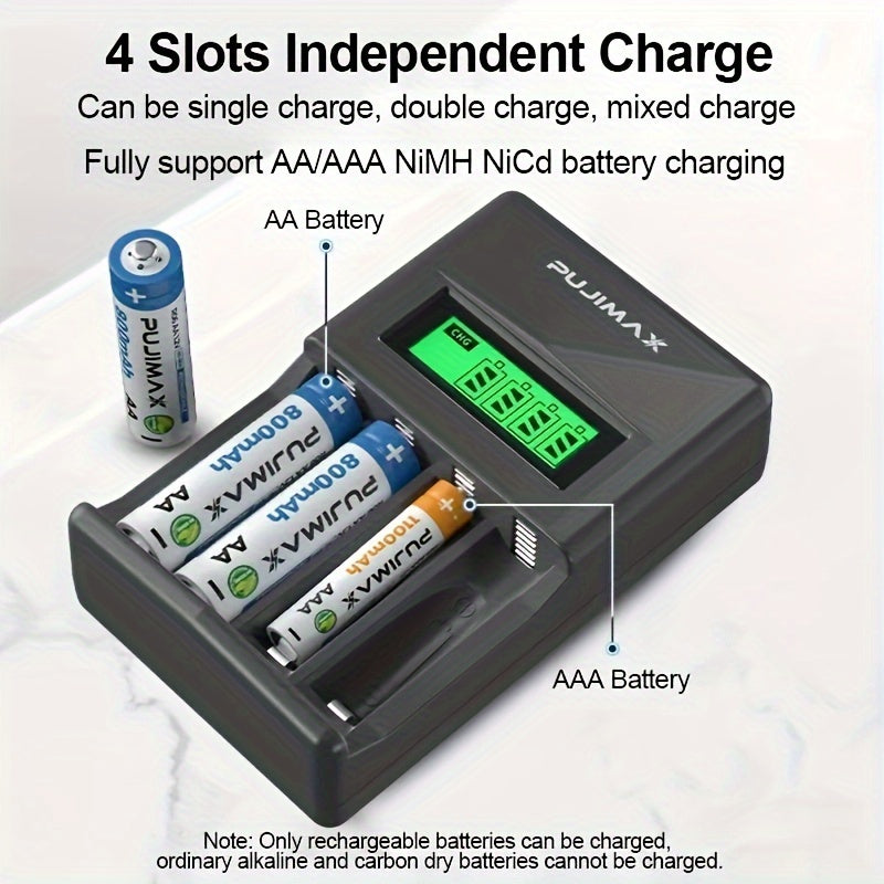 PUJIMAX USB Smart Battery Charger with 4 independent slots and LED display for fast charging of AA/AAA Ni-MH/Ni-CD batteries. Durable design, batteries not included.