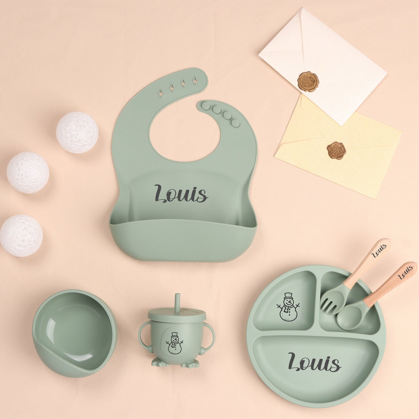 Customized Silicone Feeding Set - Personalized Weaning Set with Child's Name, Including Bowl, Cup, Bib, Spoon, and Fork - Perfect Baby Shower Present for Children Ages 3-6