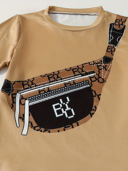 Boys' summer fashion outfit set: beige t-shirt with leopard print chest bag & shorts, casual polyester blend, machine washable. Stylish knit texture, perfect for outdoor wear.