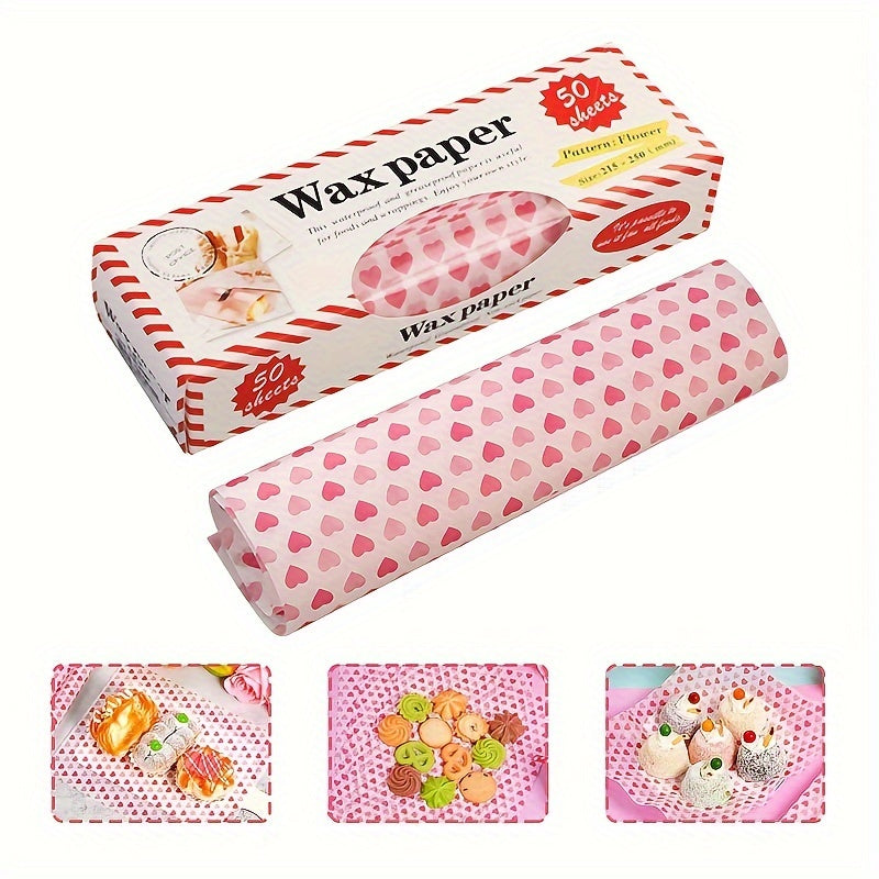 50 pieces of wax paper sheets with a heart pattern design, perfect for wrapping food items such as bread, sandwiches, and burgers. These sheets are greaseproof and waterproof, made with non-stick beeswax material. Ideal for baking, gift wrapping, and