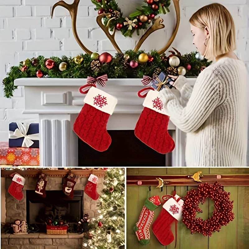 Knitted letter Christmas socks for home tree ornaments; red socks in gift bag for festive attire.