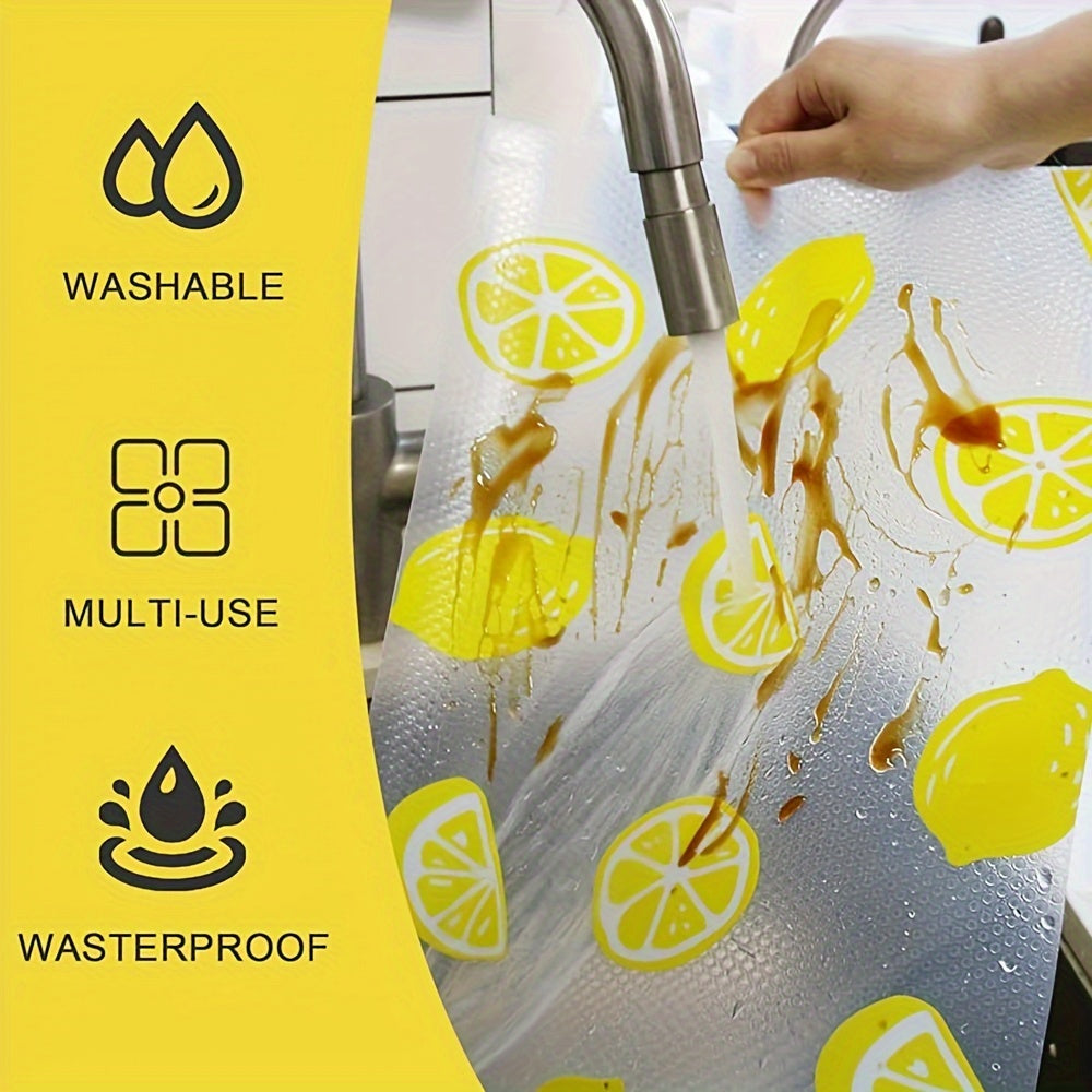 Water-resistant shelf liner in lemon pattern, suitable for kitchen cabinets, refrigerator, wire shelving, and more. Non-adhesive, non-slip design for easy use. Washable and reusable. Size: 29.97cm X 149.86cm. Ideal for multi-purpose use.