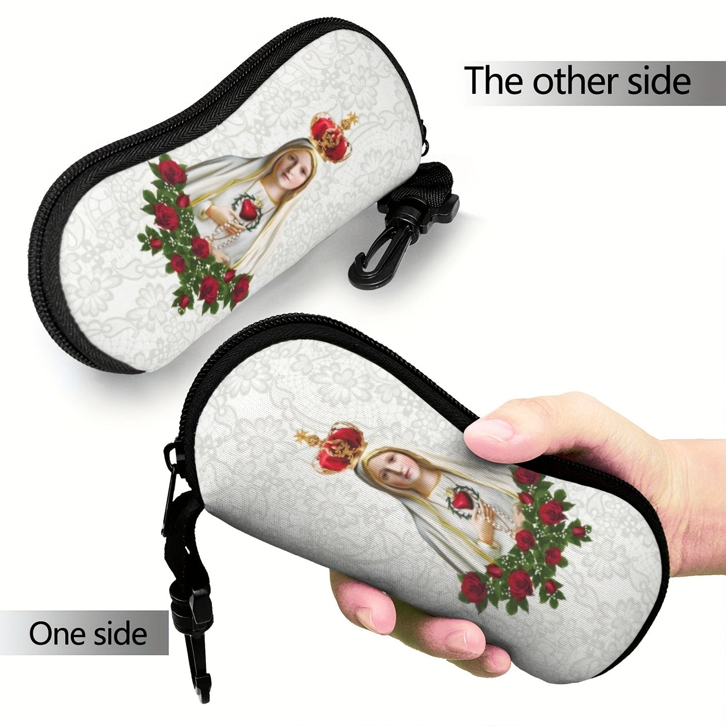 Virgin Mary Our Lady of Fatima Print Eyeglass Case with Keychain, Waterproof Sunglass & Reading Glasses Pouch, Neoprene Soft Accessory, Lightweight and Unisex - 1 Pack