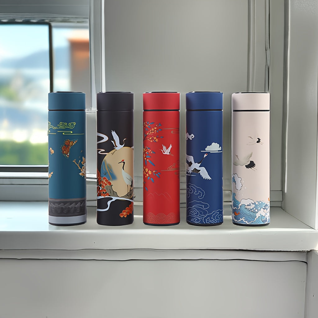 Stainless Steel Insulated Tumbler with Chinese Feng Shui Design, 500ml/16.9oz Capacity, Button Battery Powered, Hand Wash Only - Perfect for Office, Car, Sports, and More! (Battery Included, No Temperature Display)