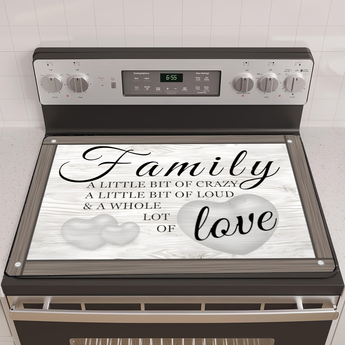 Wood Grain Design Stove Top Protector, 72.39x52.07cm, Scratch-Resistant & Heat-Resistant, Non-Slip Rubber Backing - "Family Love" Inspirational Quote. Dishwasher Safe, Versatile Kitchen Decor Mat for Cooktops, Countertops, Dryers.