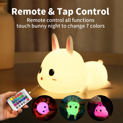 Adorable rabbit-shaped night light for bedroom, rechargeable and portable.