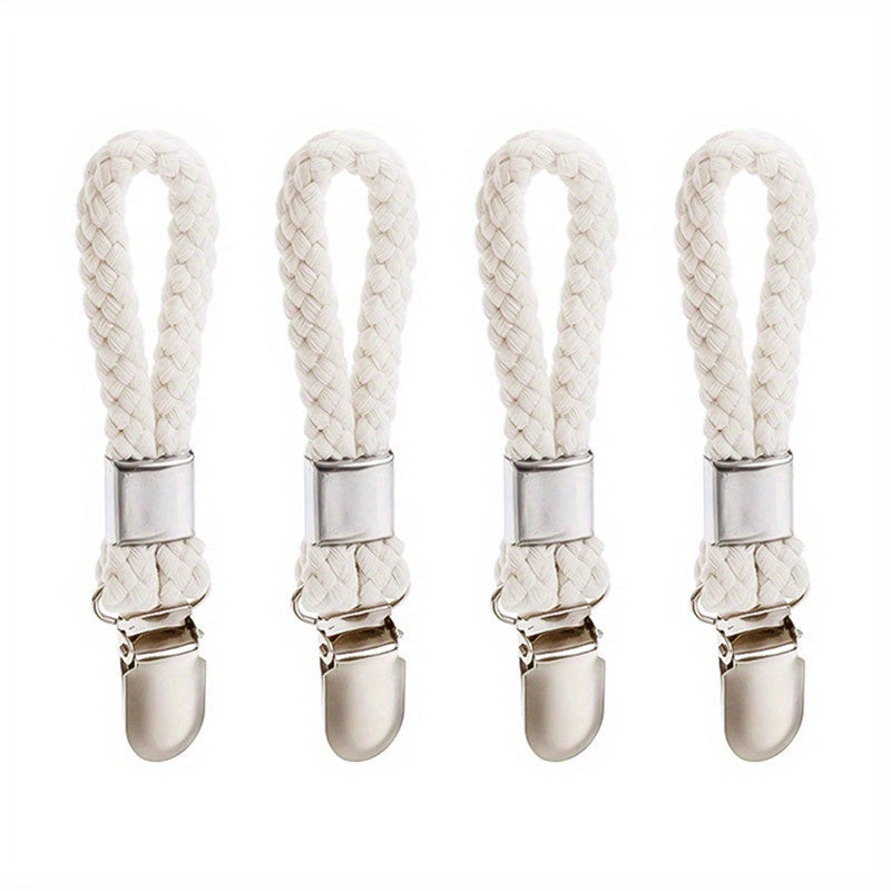 Set of 4 stylish braided rope towel clips featuring strong metal clamps, perfect for organizing towels and clothes in the kitchen or bathroom. These space-saving clips securely hold items in place with a sturdy design, making them ideal for hanging