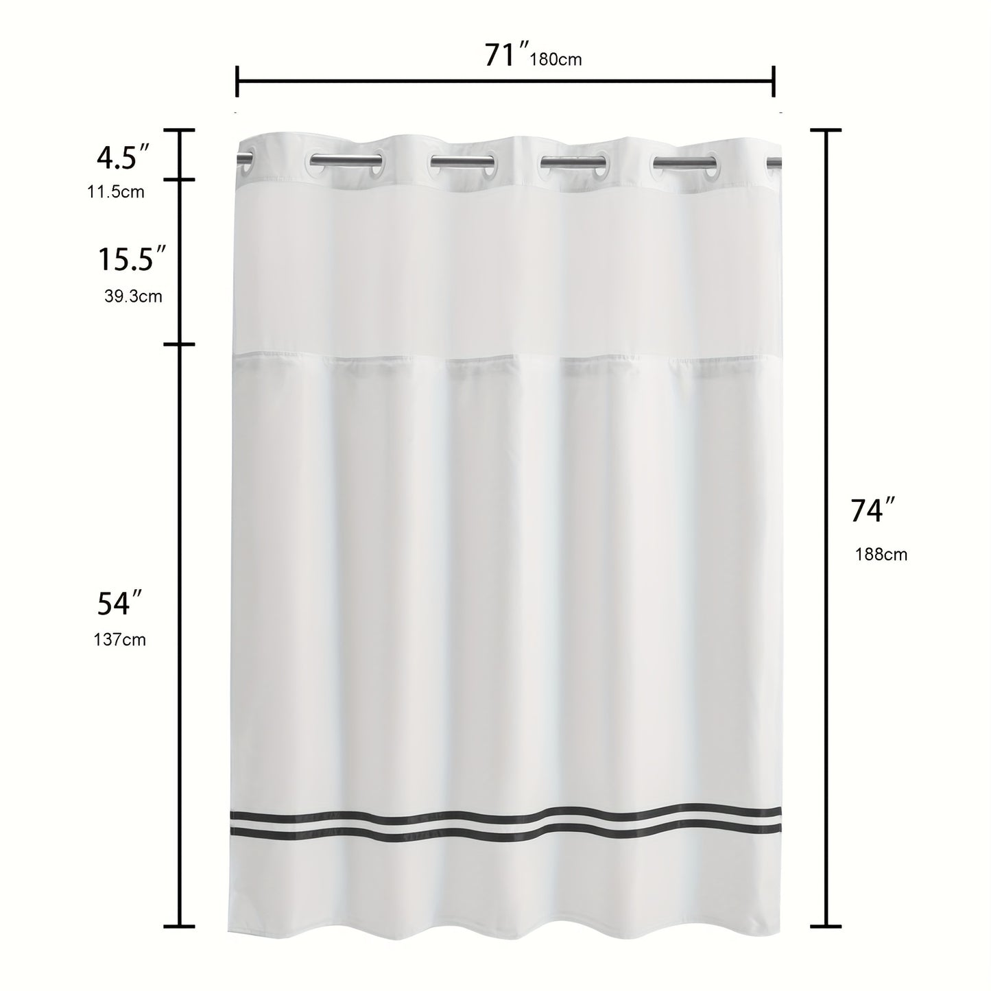 Полосатая занавеска для душа с вставным подкладкой, не требует крючков, можно стирать в машине, включает прозрачное верхнее окно. Идеально подходит для разделения ванной и аксессуаров.