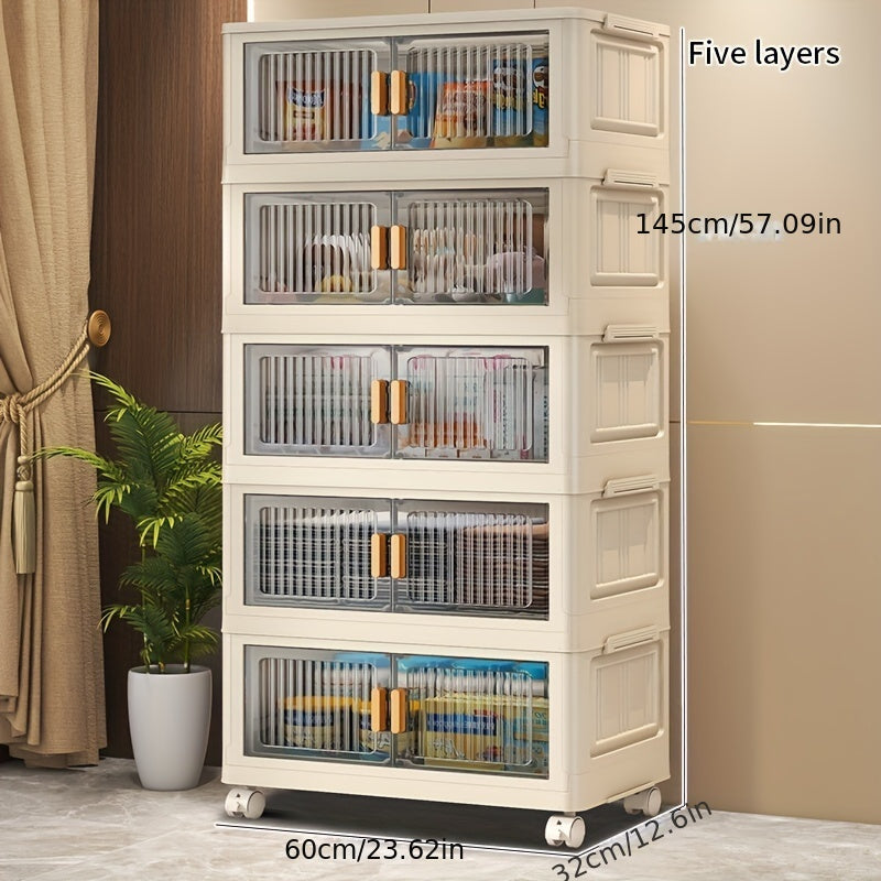 Foldable plastic storage cabinet with multiple layers for easy assembly and space-saving organization. No power required, ideal for home storage on desks and drawers.