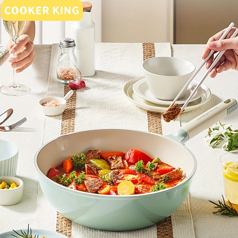 The Cooker King Nonstick Ceramic Saute Pan is available in 28, 30, and 32cm sizes. This healthy jumbo cooker is induction compatible and free of PFOA and PFAS. It comes with a lid and features a non-toxic, deep frying skillet design. The stay cool handle