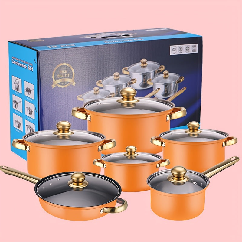 Orange 12-Piece Stainless Steel Cookware Set for Home Use - Includes Soup Pot, Frying Pan, Milk Pot, and More for Versatile Cooking