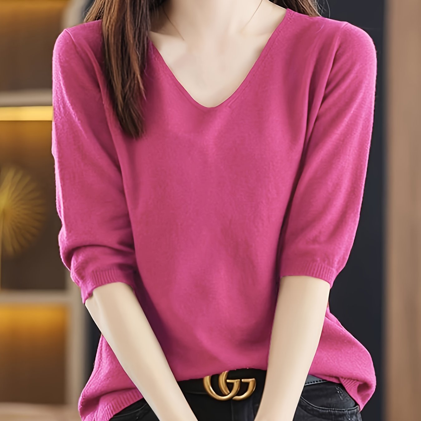 V-neck sweater in solid color, versatile half sleeve knit top for spring/fall, women's clothing.