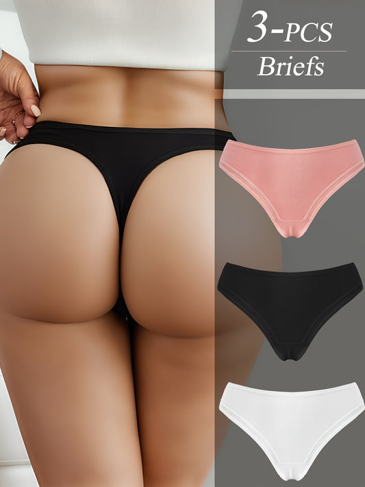 3 Simple Solid Thongs for Women, Soft & Comfy Stretchy Panties