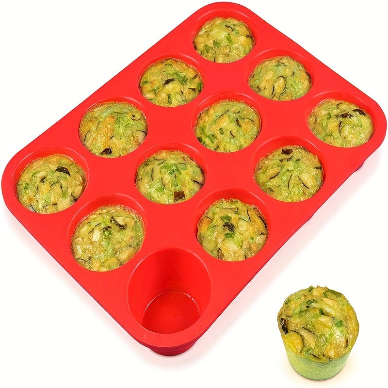 One piece of nonstick BPA free cupcake pan made from silicone, featuring 12 cups and measuring 32.51cm x 24.38cm. This regular size silicone mold is perfect for baking and a must-have kitchen gadget and accessory.