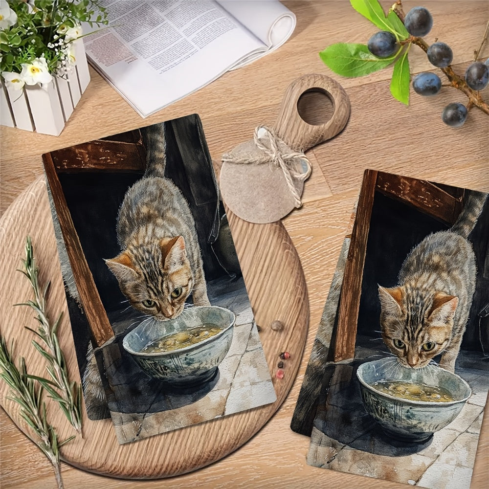 Set of 2 Kitchen Towels with "The Gentle Meow of a Kitten Asking for Food" Design - Super Soft, Quick-Drying & Easy to Clean Dish Hand Towels, Modern 40.64x60.96 cm Size, Ideal for Festive Decor, Must-Have Kitchen Accessories