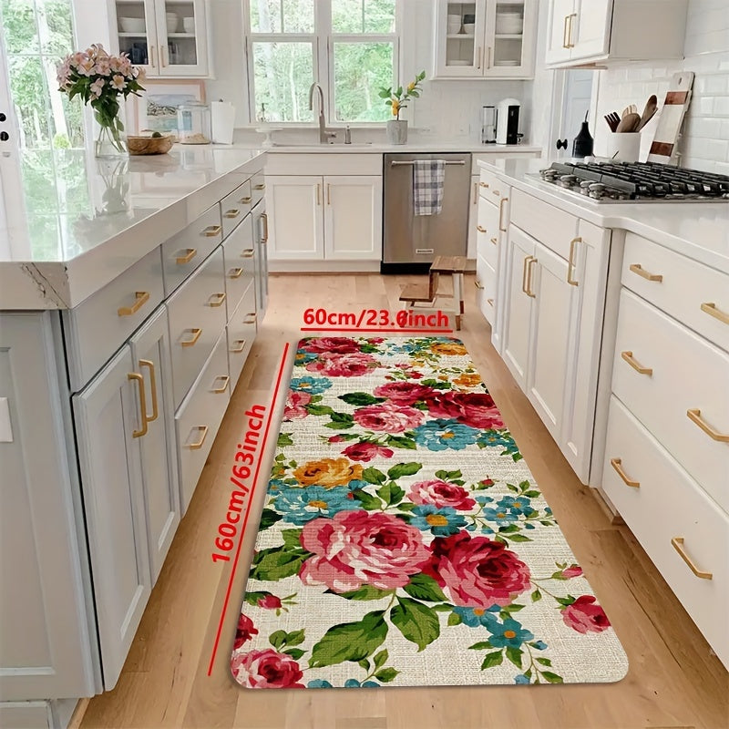 Polyester kitchen mat with floral design is non-slip, oil-proof, and waterproof. Machine washable and dirt-resistant, suitable for various rooms. Water-absorbing and decorative floor mat.