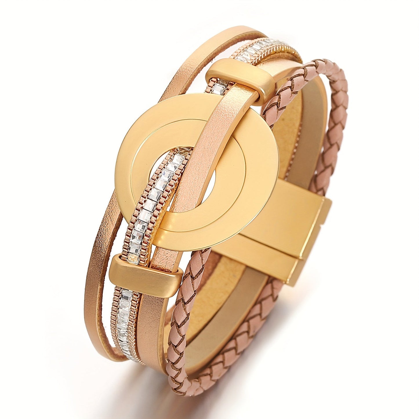 Artificial leather rope bracelet with square crystal beads and metal round charm - a stylish hand decoration and jewelry gift for ladies, featuring four layers of braided design.