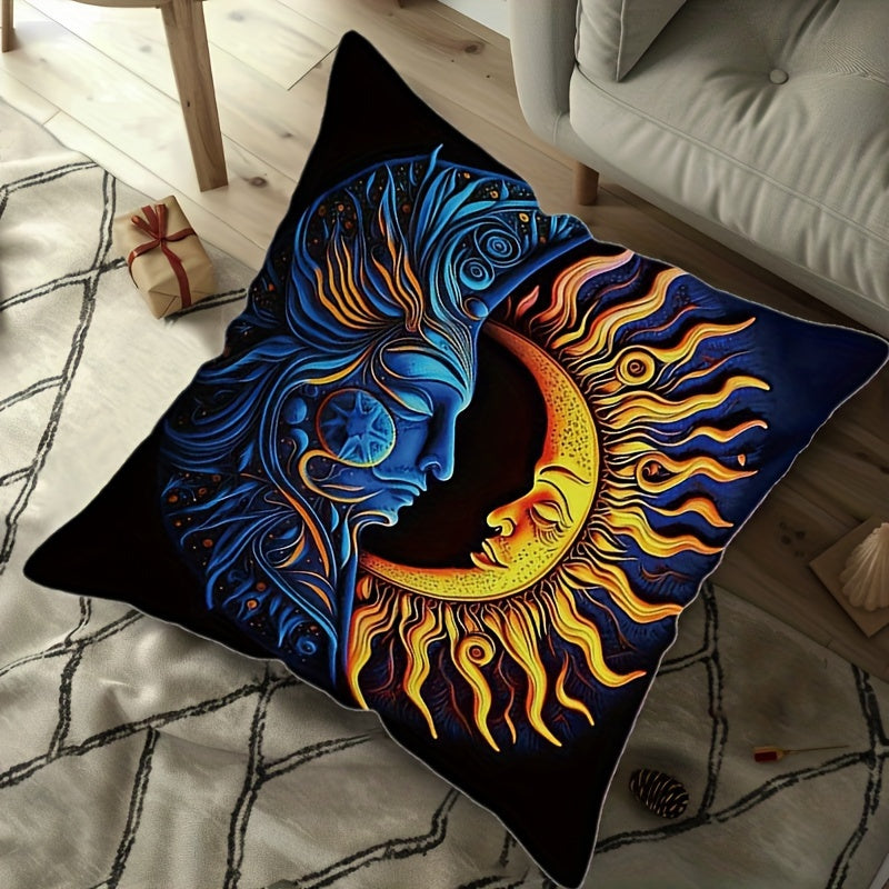 Sun and Moon throw pillow cover - 44.96x44.96 cm, cosmic art design, zippered polyester square case, contemporary style, machine washable, no insert